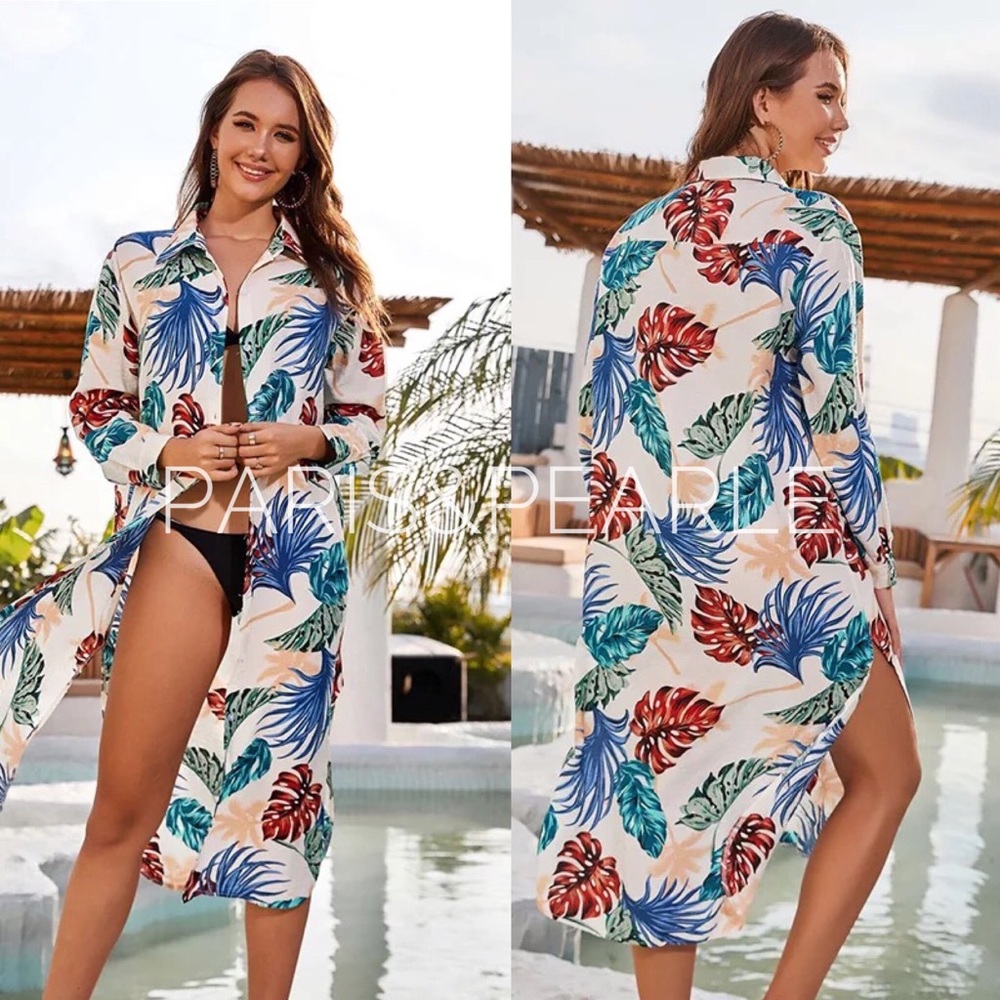 In The Tropics Ivory Tropical Print Shirt Dress - Picture 1 of 8